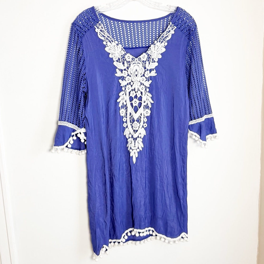 Blue and White Pool/Beach Cover Up with Pom Pom Tassel Trim, Battenburg Lace